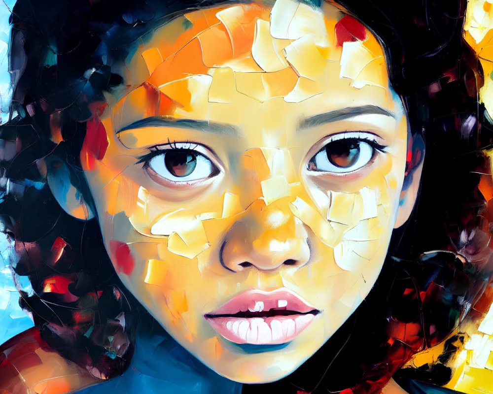 Vibrant abstract portrait of a young girl with cubist influences