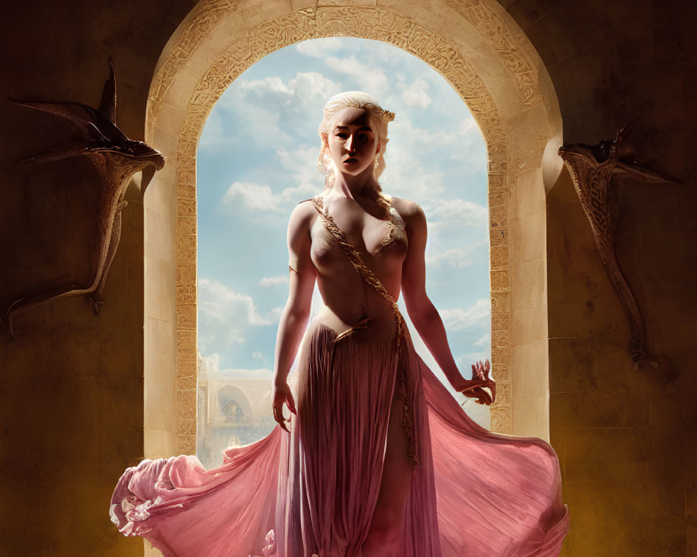 Woman in Pink Dress with Dragons in Fantasy Archway Setting