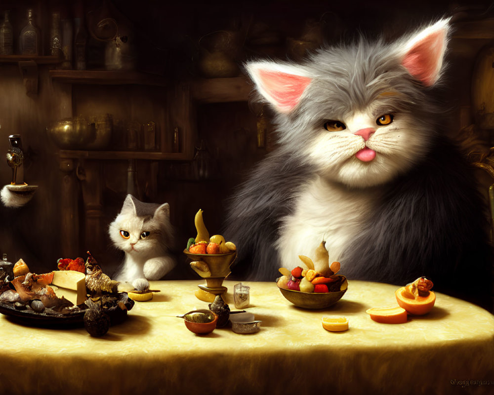 Whimsical painting of fluffy cats at banquet