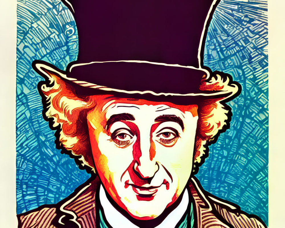 Character in Top Hat, Bow Tie, Colorful Suit on Blue Background