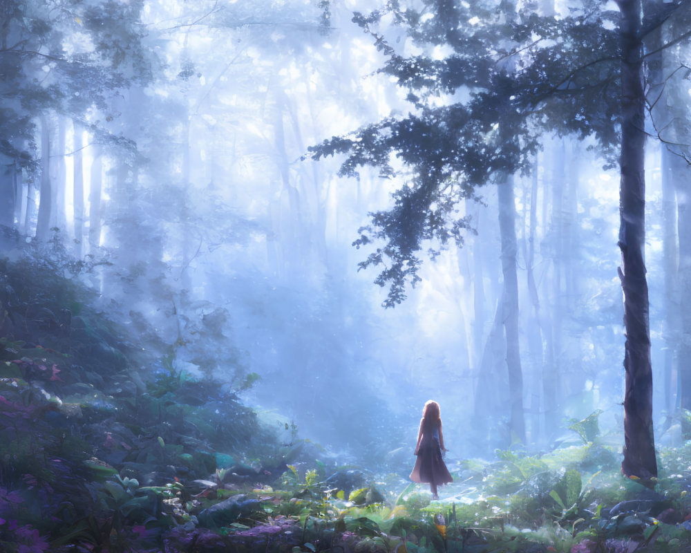 Mystical forest scene with person in sunlight and lush foliage