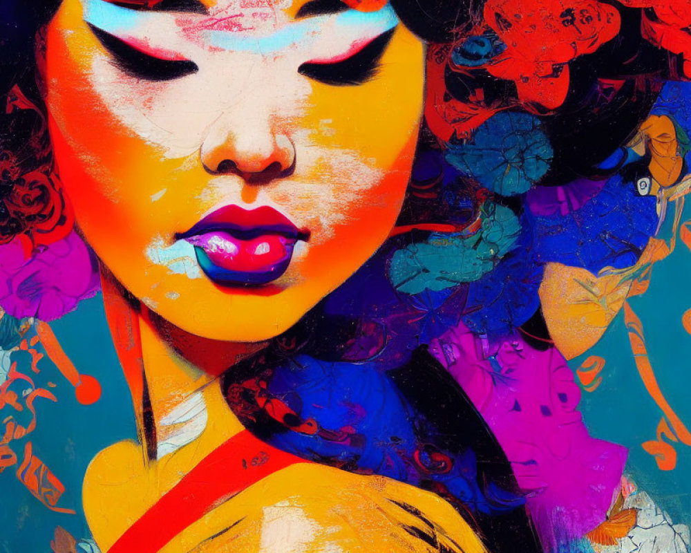 Colorful artistic illustration of a woman with vibrant lips and floral design on abstract background