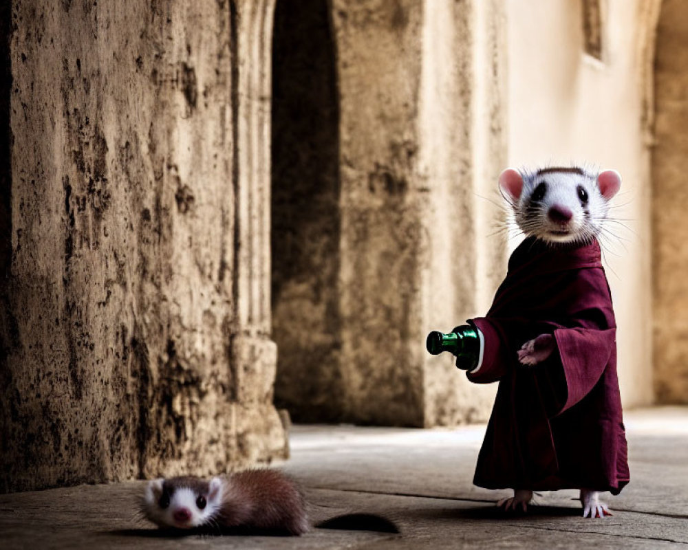 Ferret in burgundy robe with green bottle in arched corridor