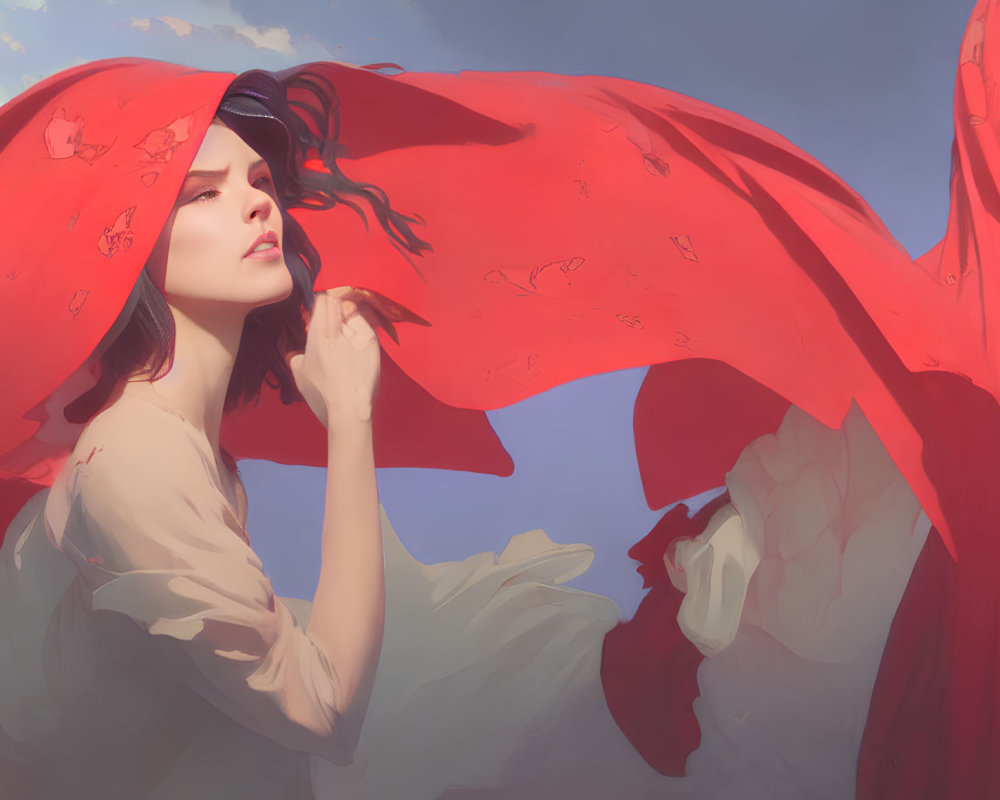 Woman with Large Flowing Red Scarf Against Sky Backdrop