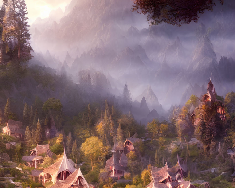 Tranquil fantasy village by river in misty mountains at sunrise