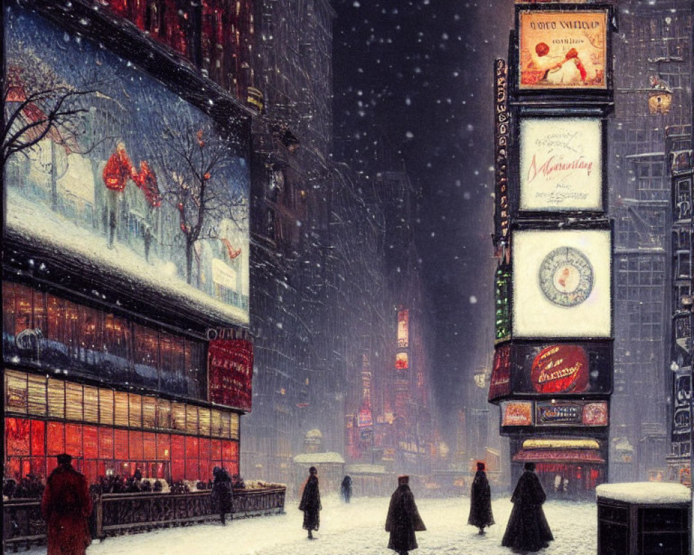 Snowy Evening in Vibrant City with Illuminated Billboards and Wintery Atmosphere