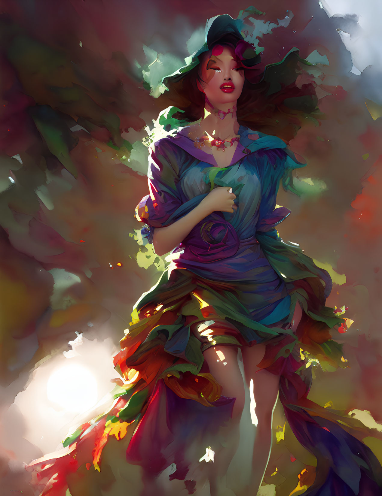 Colorful digital painting of woman in leaf and petal-like garments with sunlight.