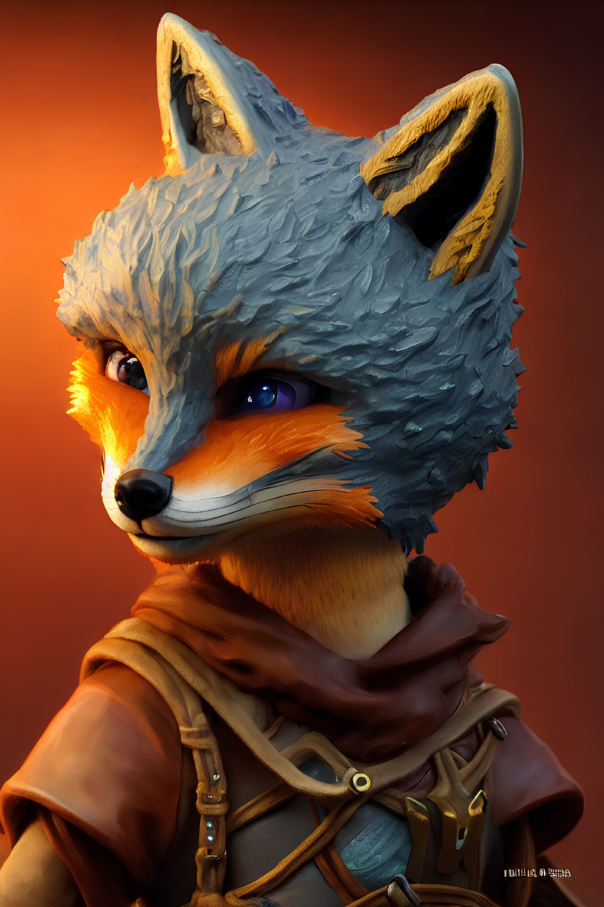 Detailed digital portrait of anthropomorphic fox character in brown jacket on warm orange background