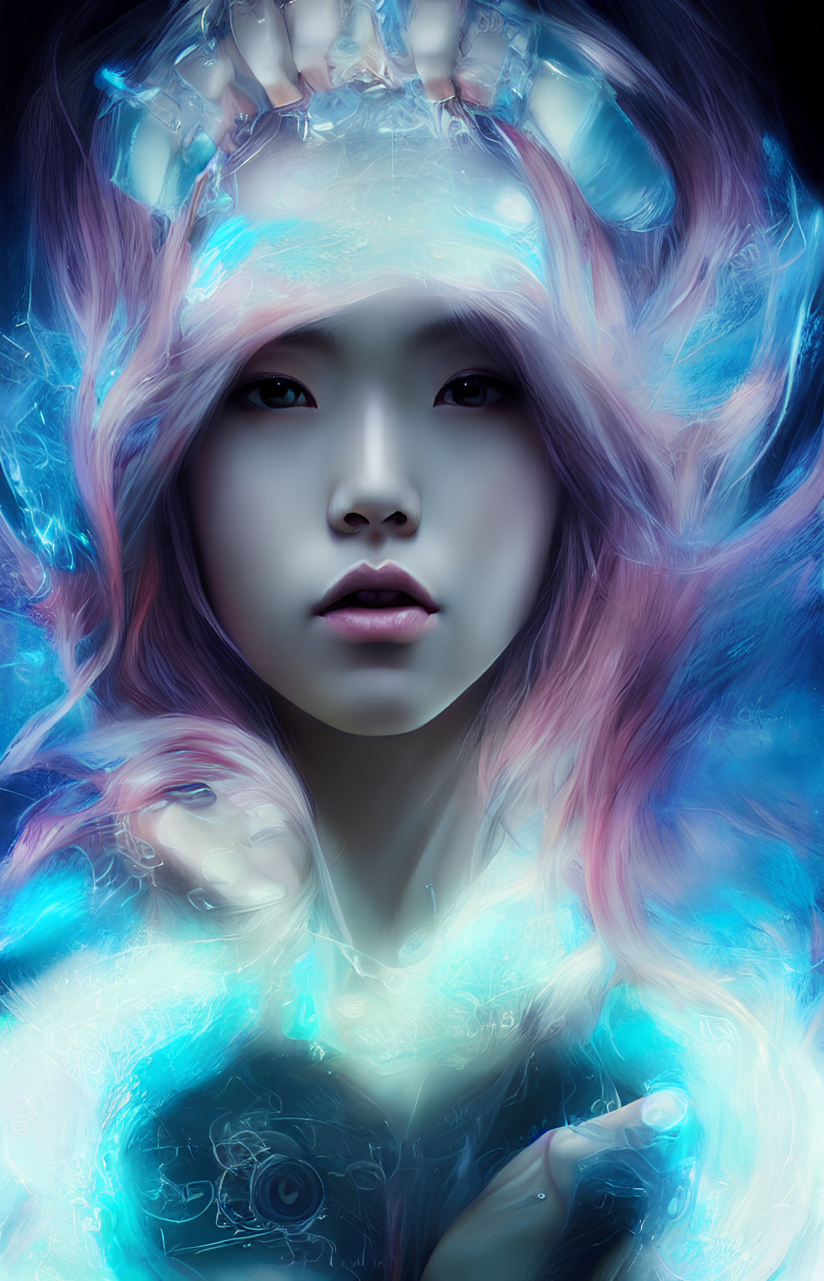 Digitally rendered portrait of young woman with multicolored hair in mystical glow