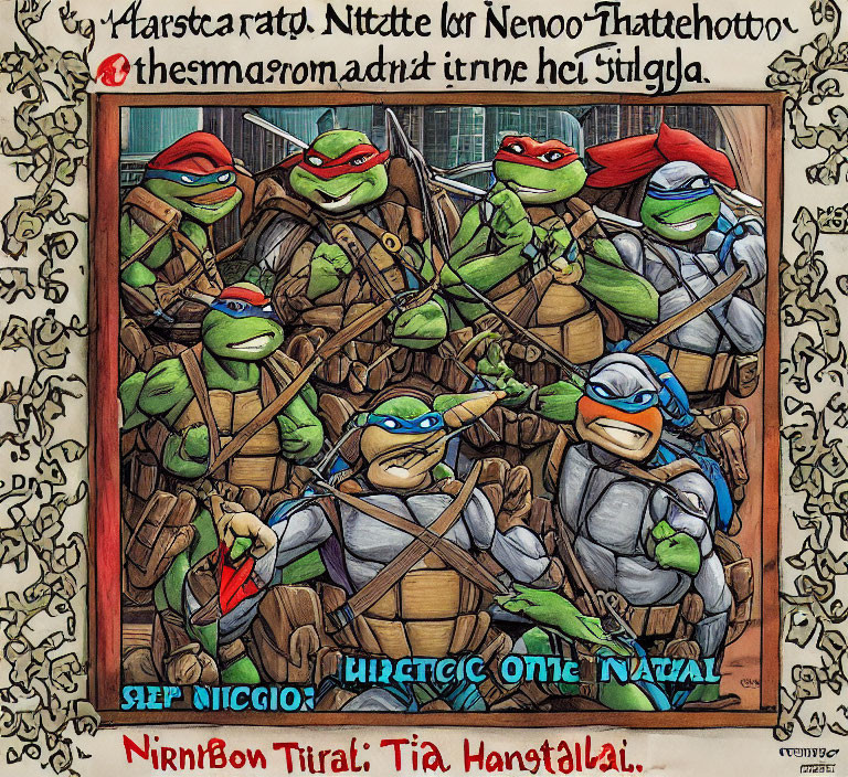 Four Teenage Mutant Ninja Turtles with Weapons in Ornate Border and Fictional Script