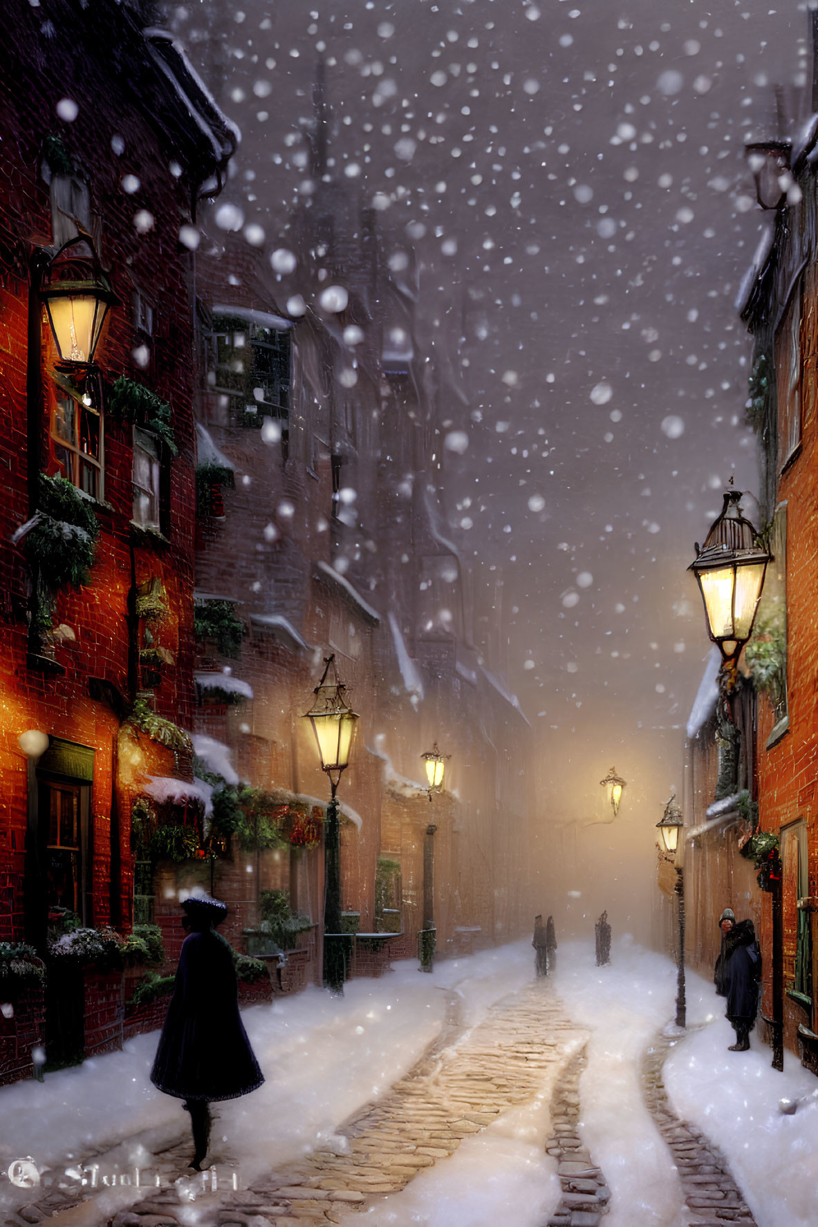 Person in dark cloak walks snowy cobblestone street at night