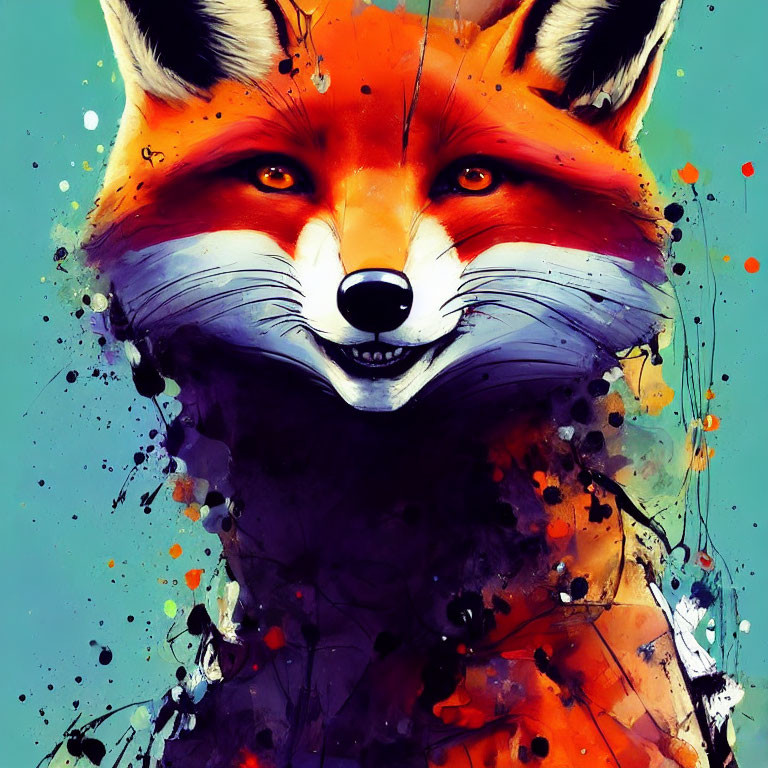 Colorful Fox Face Artwork with Realistic Features on Blue Background