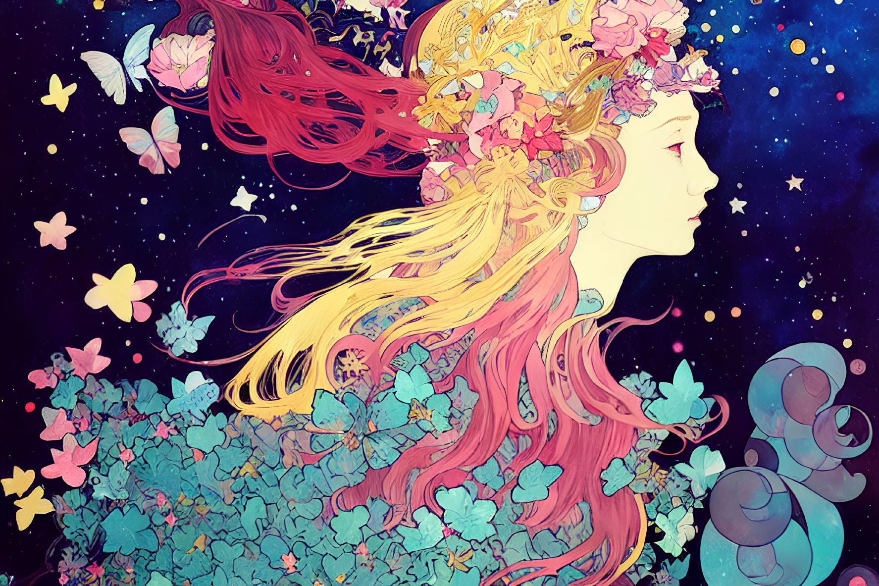 Colorful illustration of woman with red hair and butterflies on starry backdrop