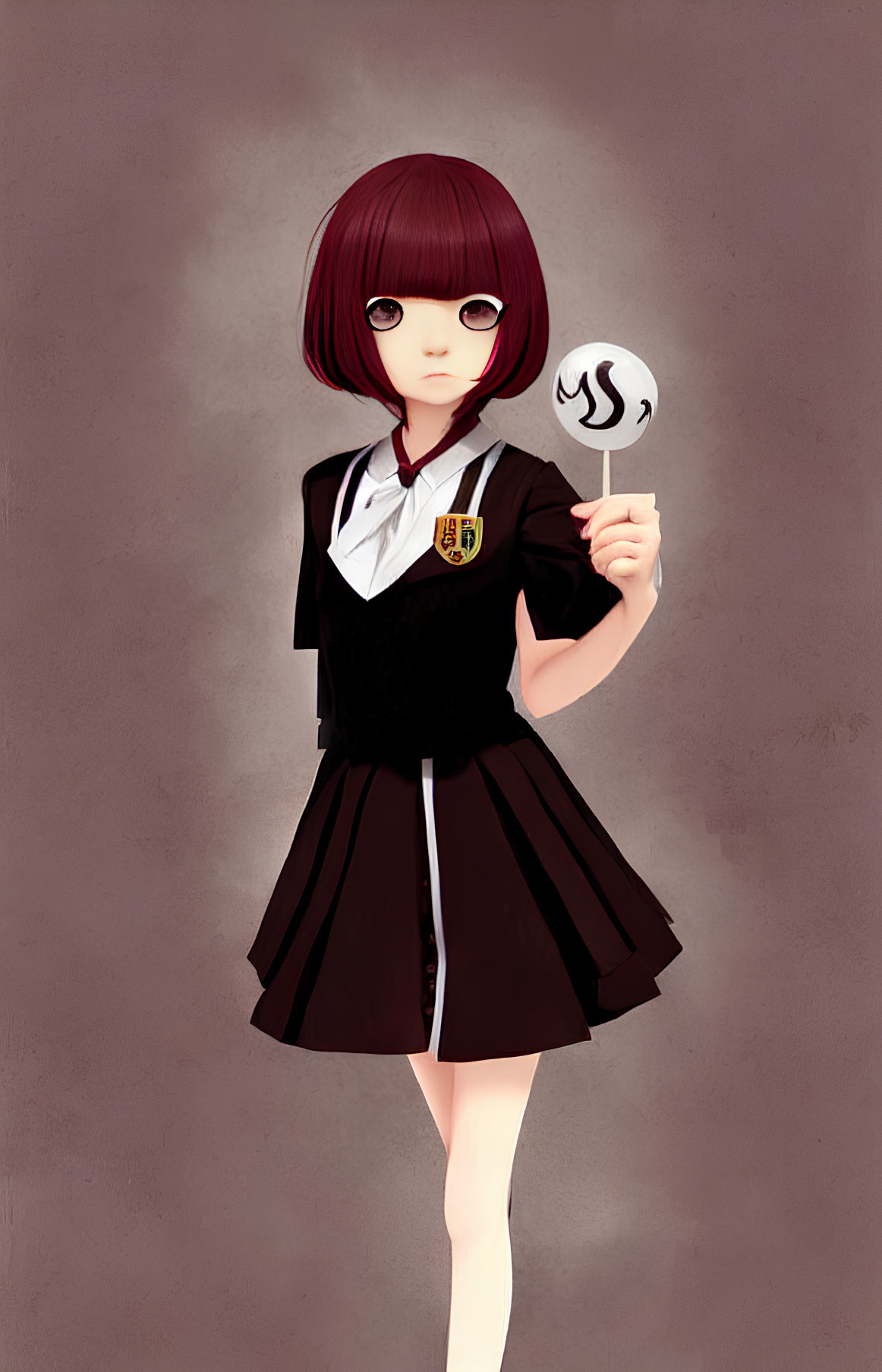 Anime-style girl with short red hair in black school uniform holding coffee cup cutout