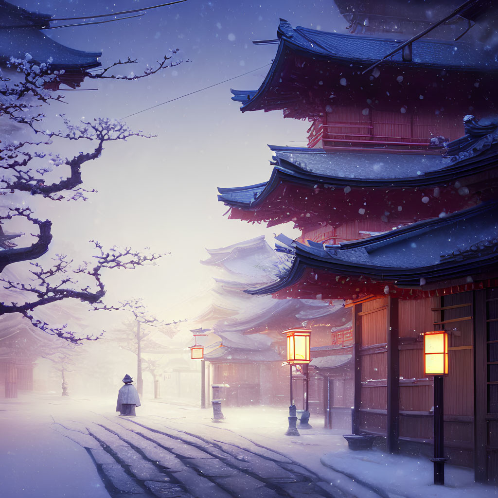 Snow-covered Japanese street with lanterns and solitary figure in white attire