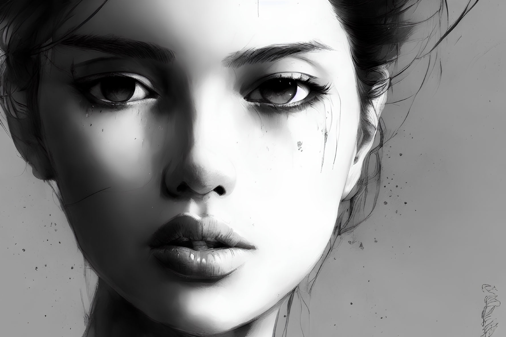 Detailed monochromatic digital art of a woman's face with expressive eyes and paint splatters