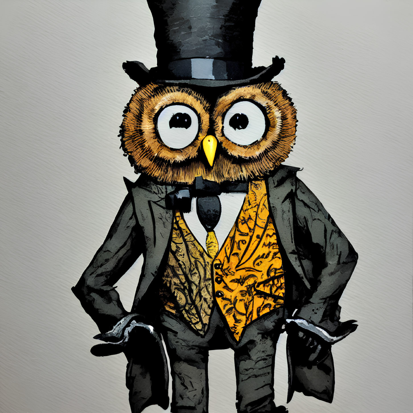 Anthropomorphic owl in dapper suit, top hat, vest, and monocle.