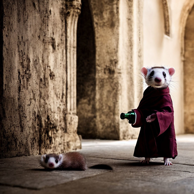 Ferret in burgundy robe with green bottle in arched corridor