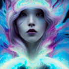 Digitally rendered portrait of young woman with multicolored hair in mystical glow