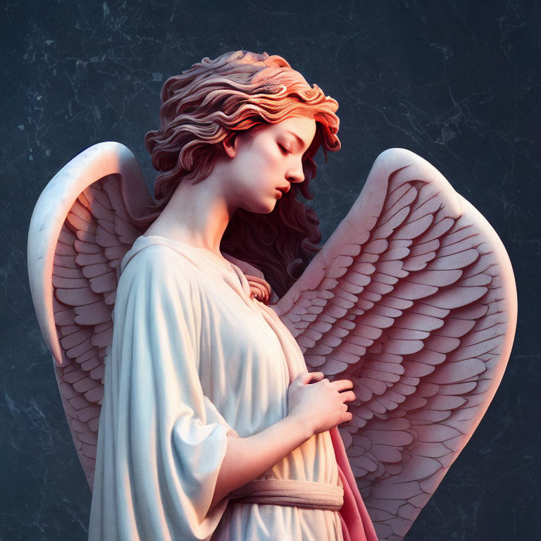 Detailed 3D angel render with feathered wings and red hair on dark background