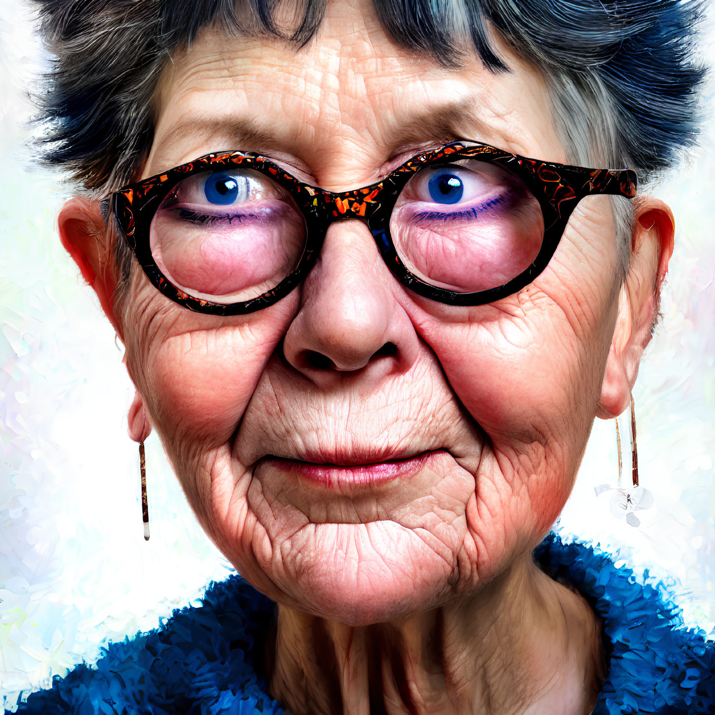 Elderly woman with blue eyes in leopard print glasses and star earrings