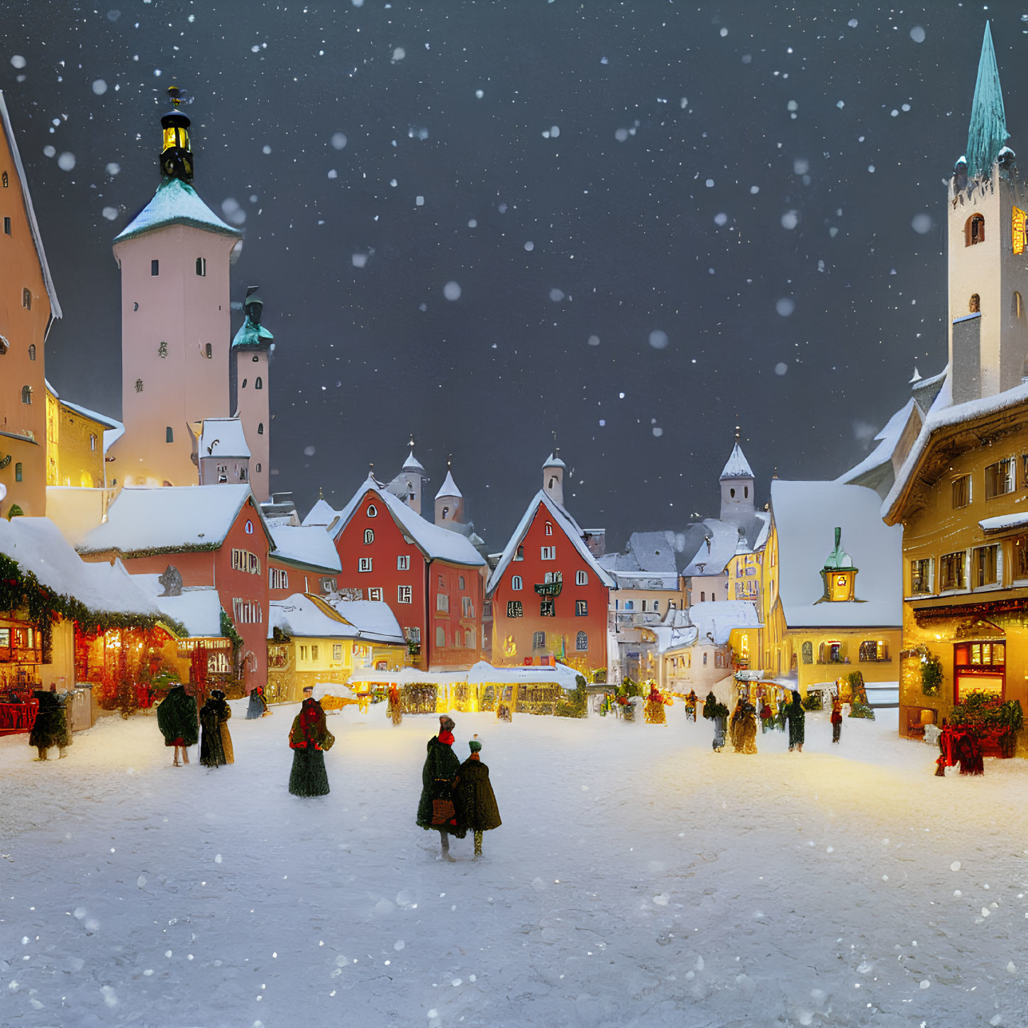 Winter Town Square with Festive Decor and Traditional Clothing