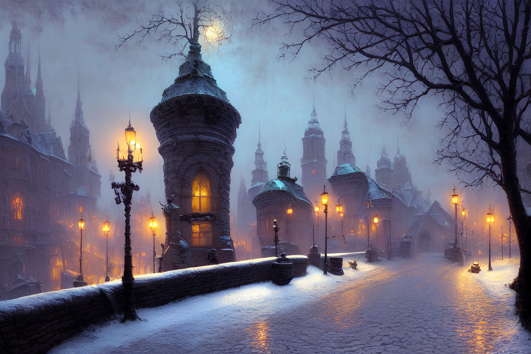 Snowy Evening Scene: Lit Street Lamps, Stone Turret, Old-Fashioned Buildings