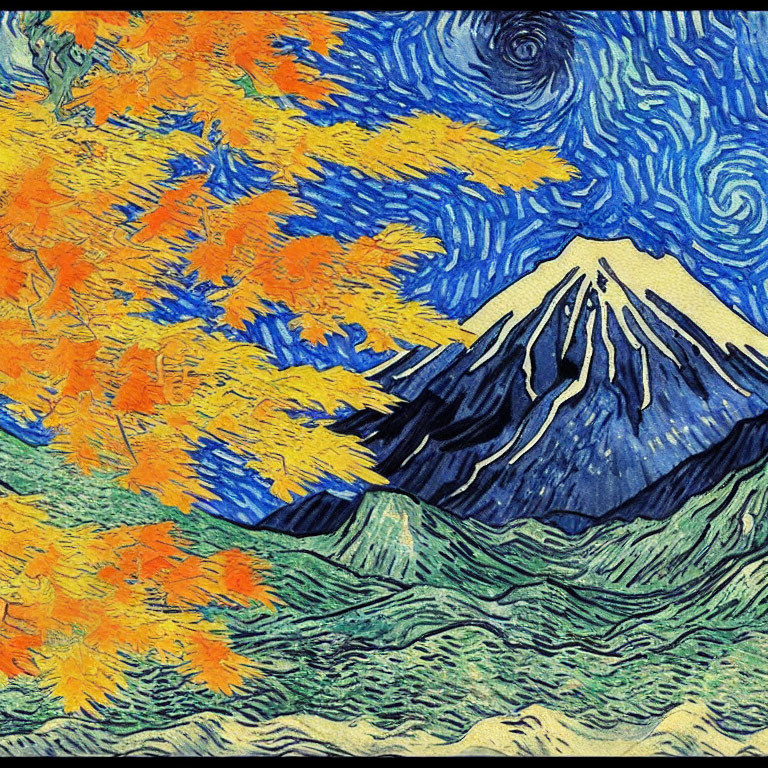 Colorful mountain landscape with swirling Van Gogh style and starry sky