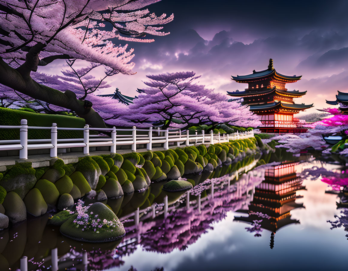 Cherry Blossom Pond with Red Pagoda and Purple Sky