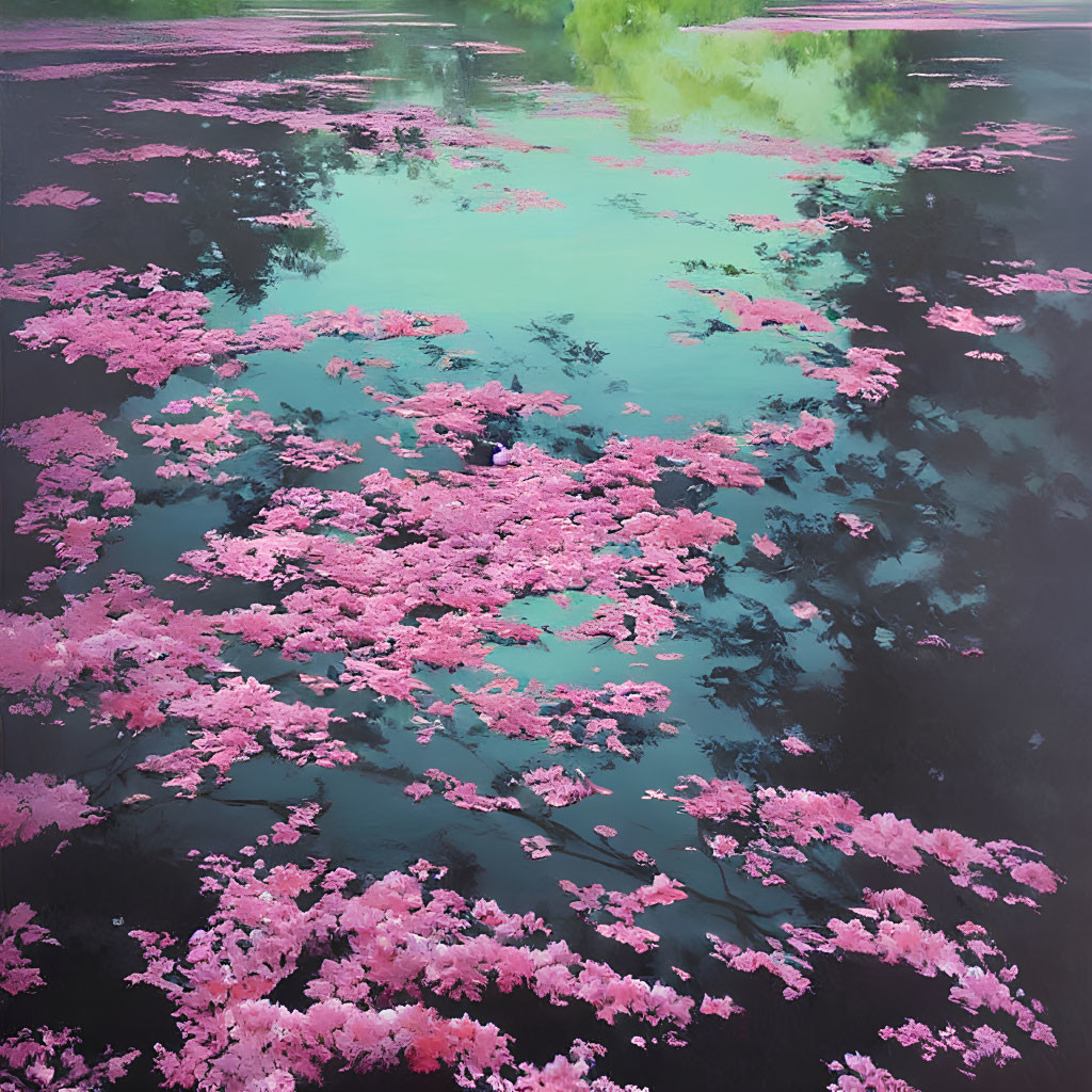 Tranquil pond with pink cherry blossom petals and green foliage