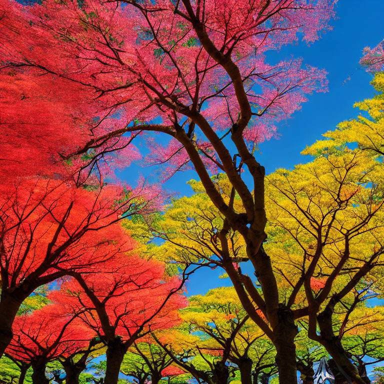 Colorful autumn trees against bright blue sky