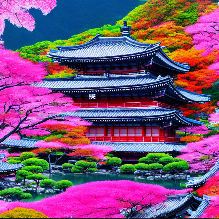 Traditional Asian Pagoda Surrounded by Pink and Red Foliage and Pond