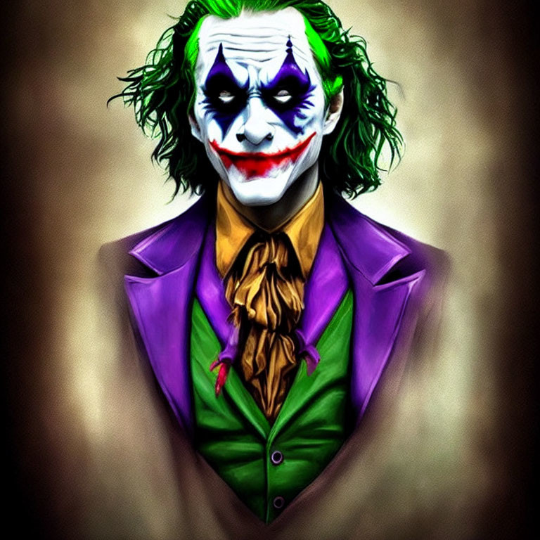 Stylized artistic depiction of a Joker character in green, white, red, purple, and brown