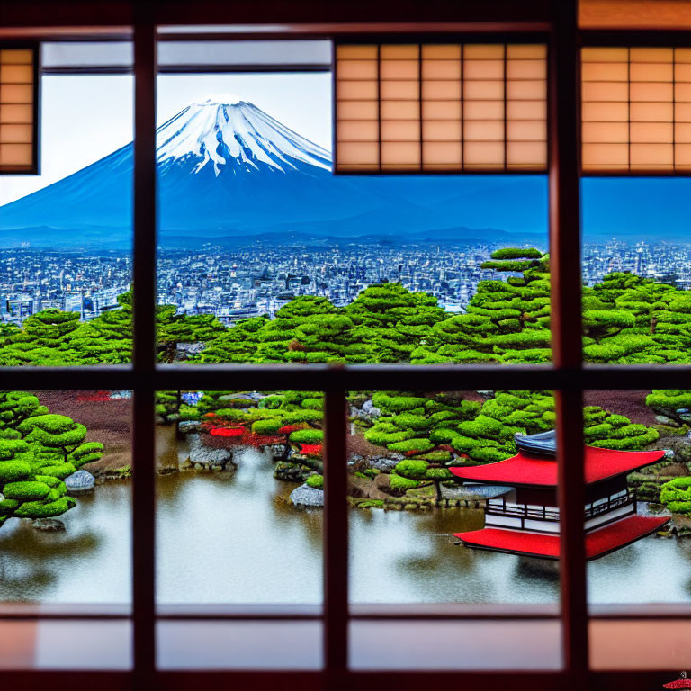 Traditional Japanese window overlooking serene garden with red pagoda, topiary trees, and Mt. Fuji