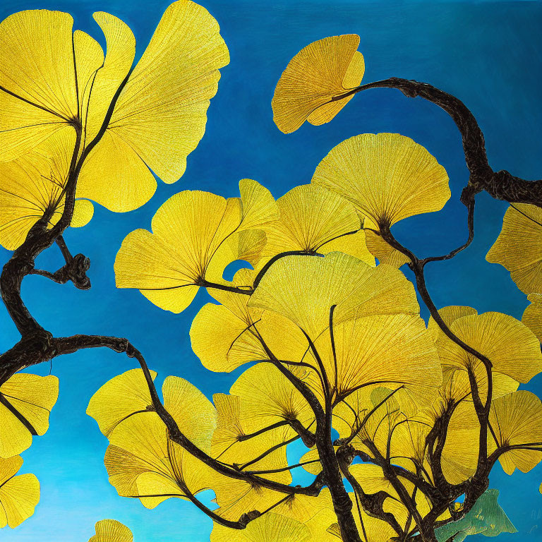 Yellow Stylized Leaves on Dark Branches Against Vibrant Blue Background