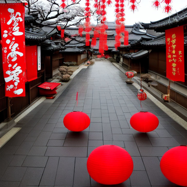 Traditional Asian Street Decorated with Red Lanterns and Chinese Banners