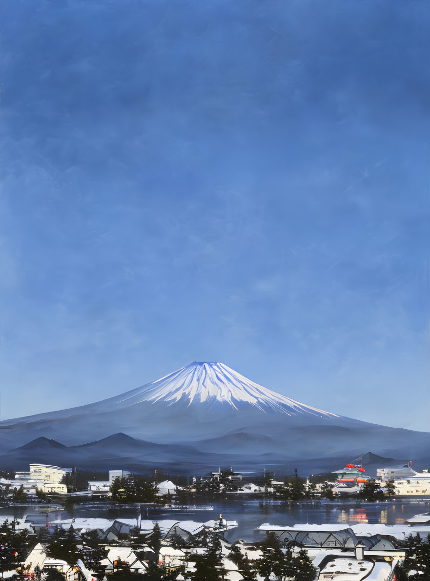 Mount Fuji overlooking serene town with buildings and greenery under clear sky