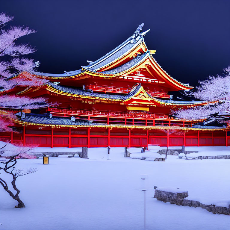 Japanese temple with red roofs in snowy night scene