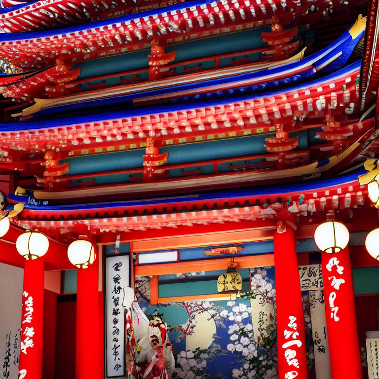 Traditional Japanese Structure with Red and Blue Colors, Lanterns, Calligraphy, and Layered Roof