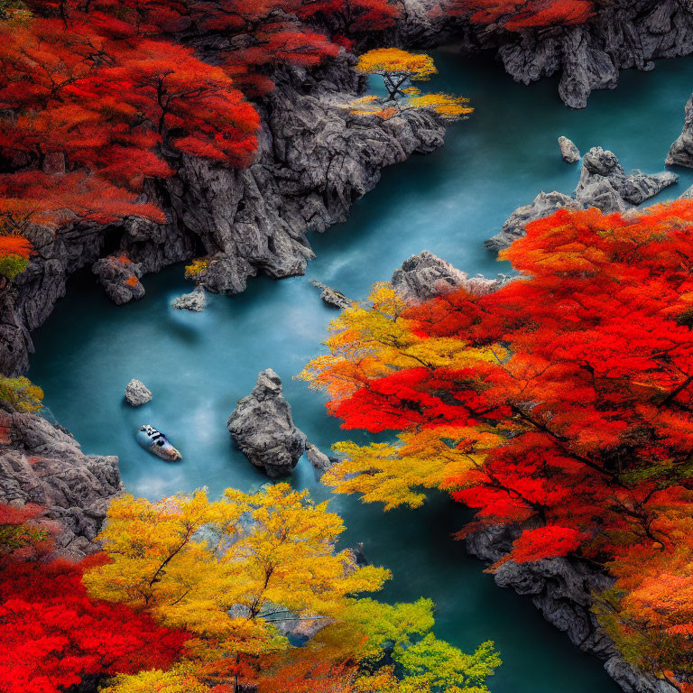 Vibrant Red and Yellow Autumn Trees by Serene River