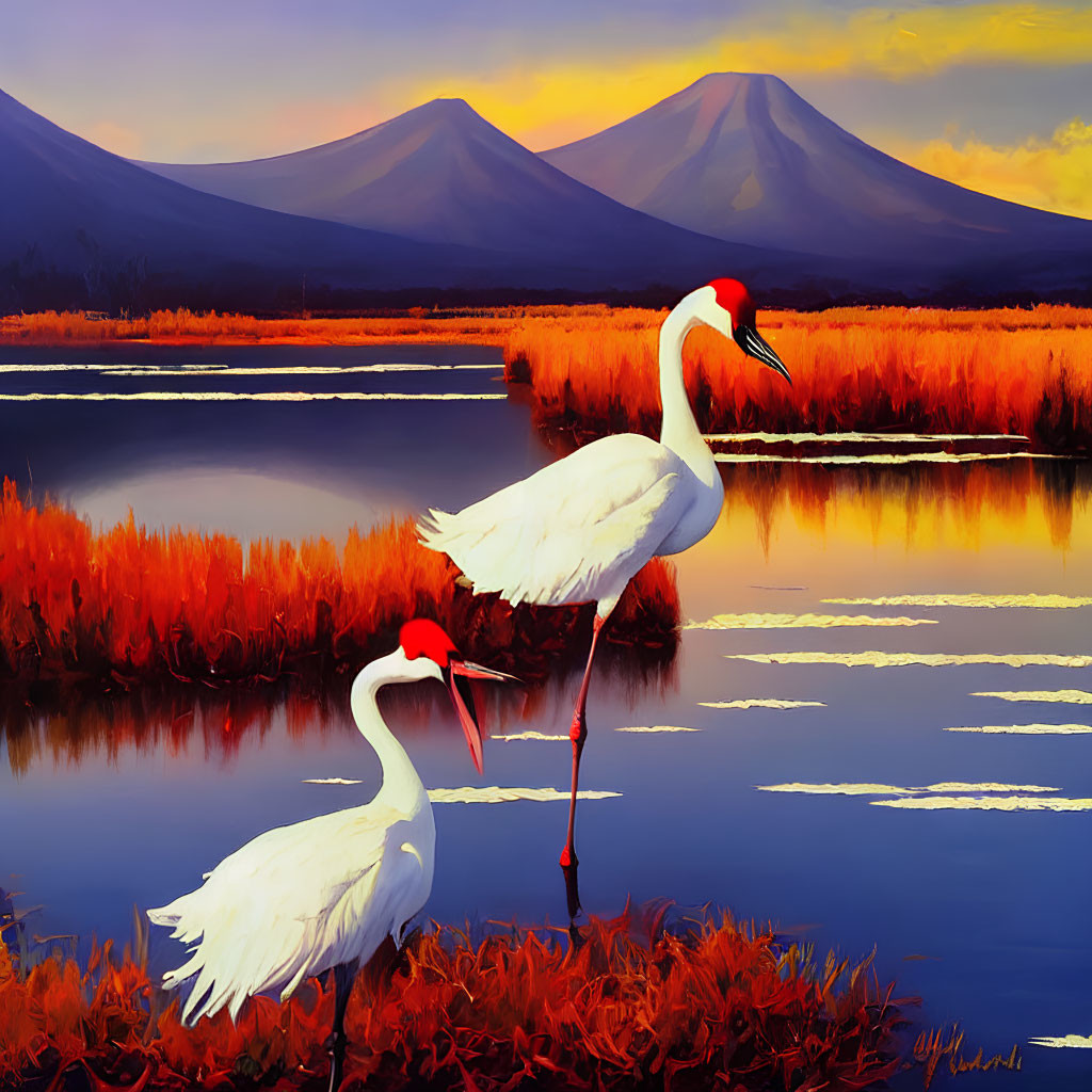 Scenic sunset view of cranes, lake, red foliage, and mountains