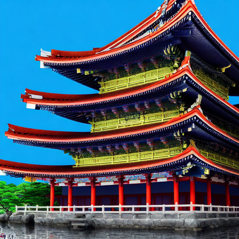 Colorful multi-tiered pagoda by serene waters under clear sky