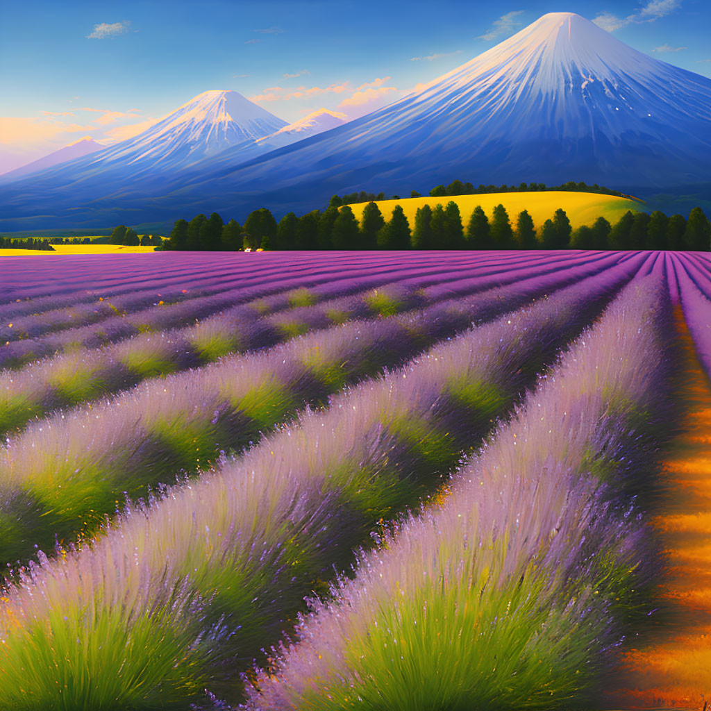 Lavender Field Painting with Snow-Capped Mountains