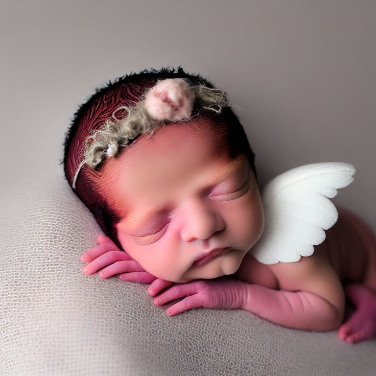 Newborn baby with angel wings and headband sleeping peacefully