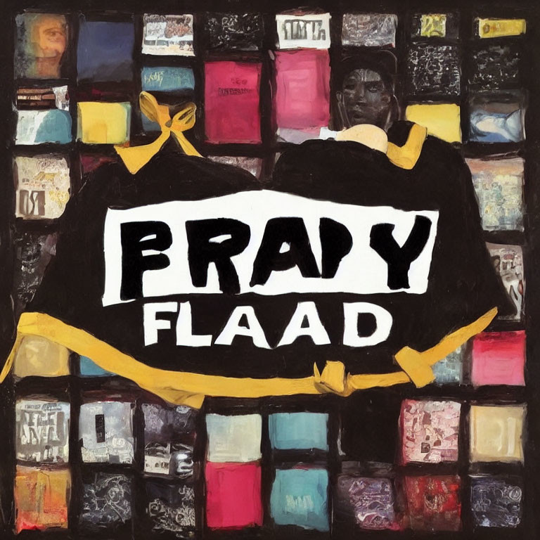 Abstract album cover with central figure in black robe and "PRAY" and "FLAAD" surrounded