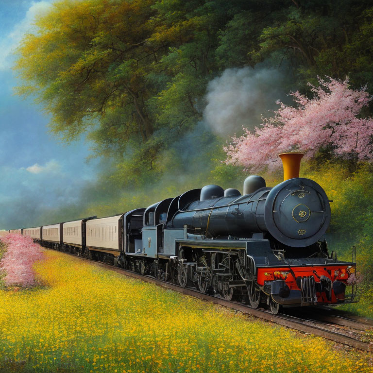 Vintage Steam Train Passing Through Vibrant Flower Landscape