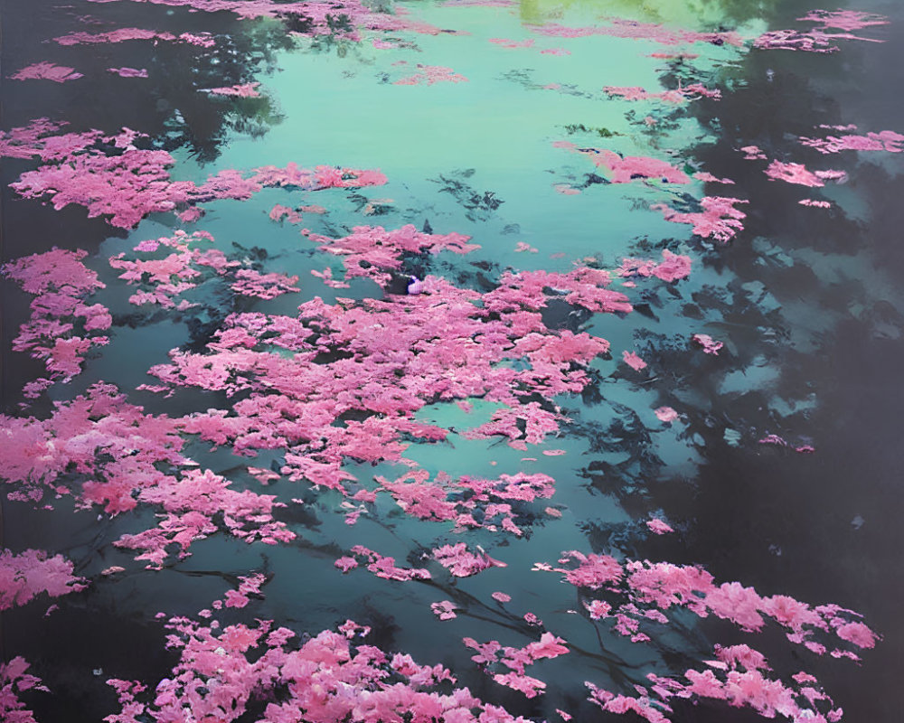 Tranquil pond with pink cherry blossom petals and green foliage