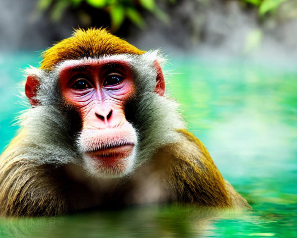 Colorful Monkey Peering from Hot Spring with Thoughtful Expression