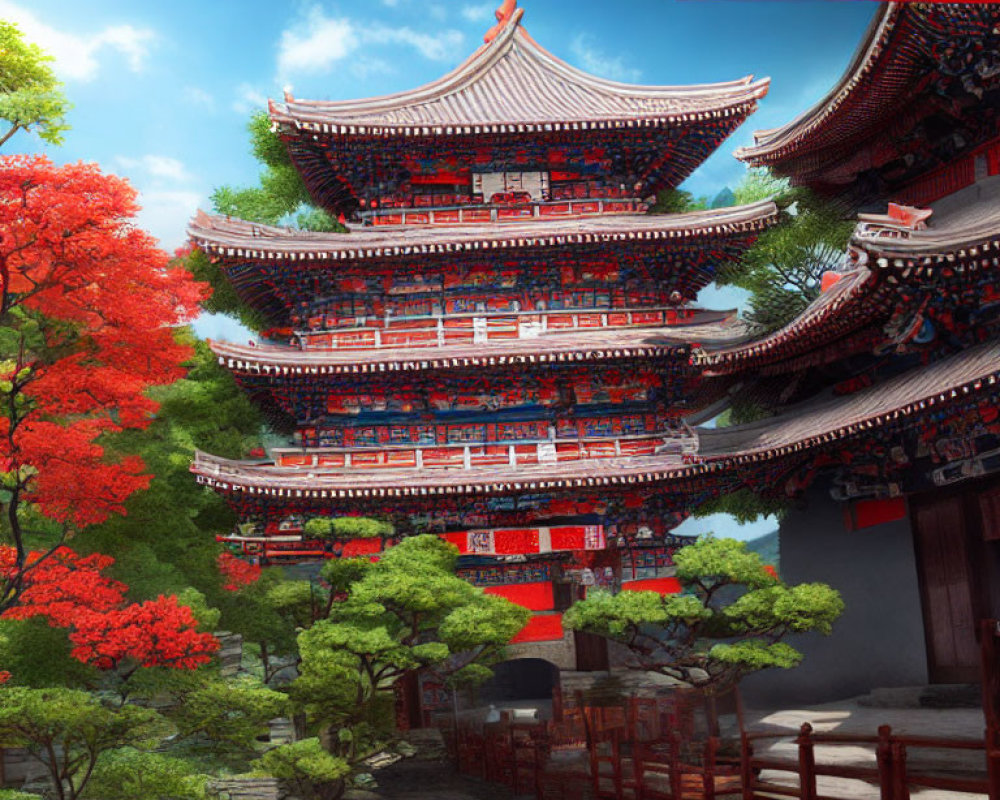 Traditional Chinese Pagoda Surrounded by Green Trees and Red Foliage