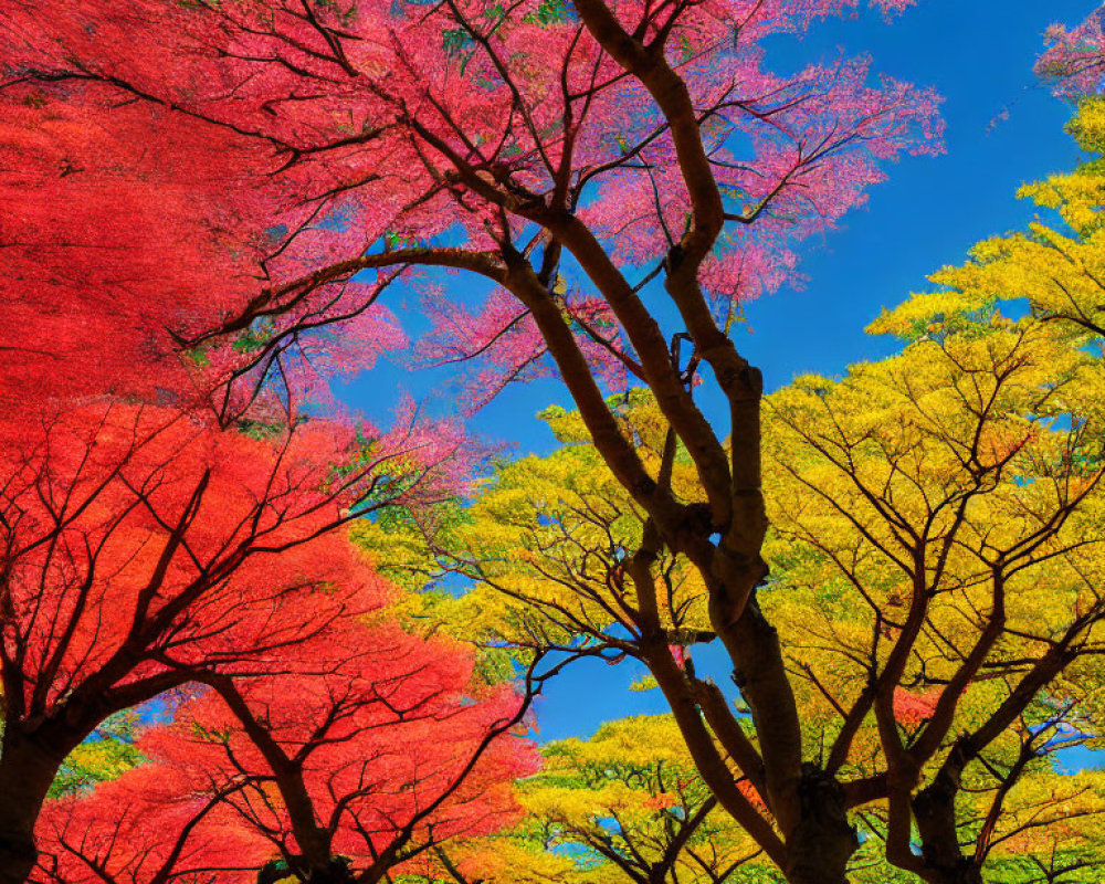 Colorful autumn trees against bright blue sky